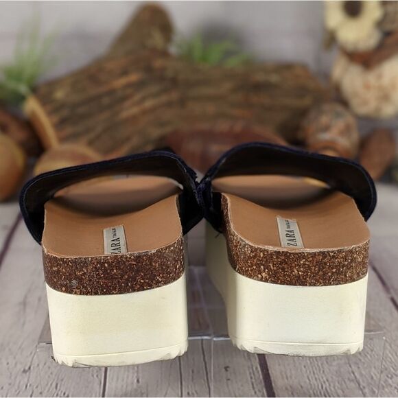 Zara Trafaluc Blue Velvet Platform Slides Sandals - Picture 5 of 9